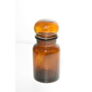 APOTHECARY JAR 8.5" tall brown amber bubble top vintage bottle canister Mid Mod